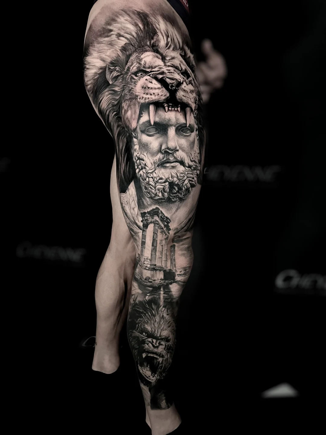 Black and grey realism statue sleeve